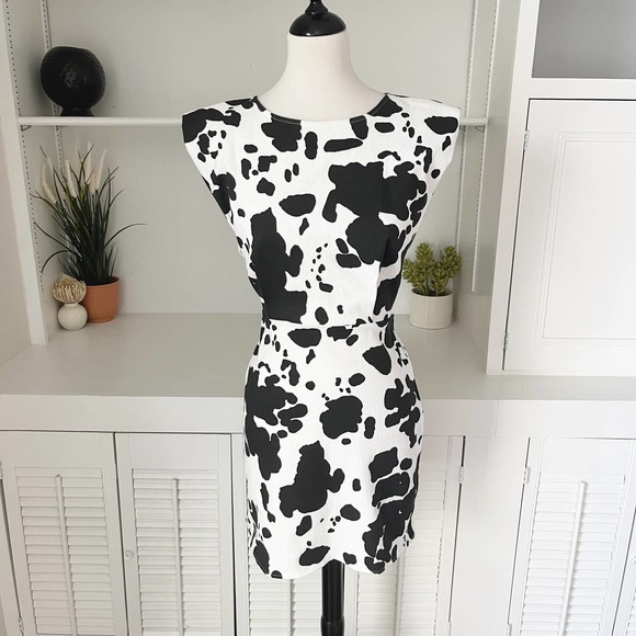 NWT En Saison Cow Print Denim Mian Mini Dress Black White Size S - Picture 3 of 10